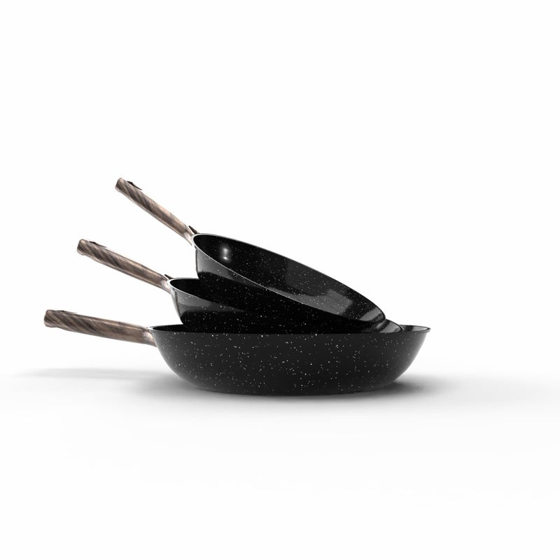 Non Stick Frying Pan Set 3 Pieces Black 20 24 28cm Italian Granite Coating Aluminum Fry Pans with Heat Insulated Handle Healthy Cookware - Image 2
