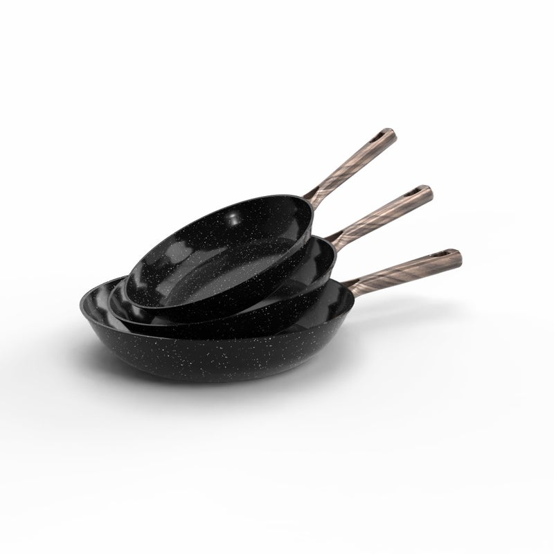 Non Stick Frying Pan Set 3 Pieces Black 20 24 28cm Italian Granite Coating Aluminum Fry Pans with Heat Insulated Handle Healthy Cookware - Image 1