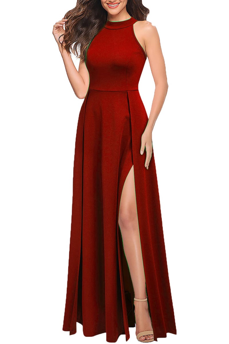 MUSHARE Women's Halter Neck Sexy Split Cocktail Party Maxi Long Formal Dress Red - Image 3