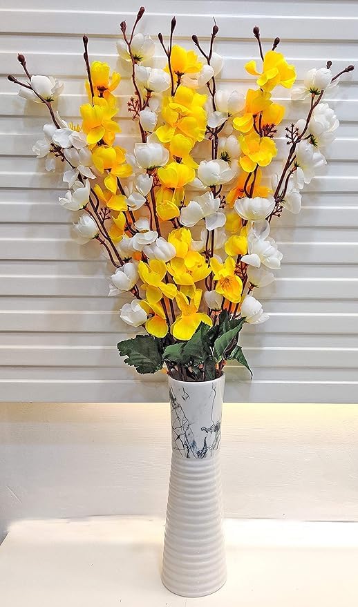 Coolkart Artificial Orchid Flowers for Home Garden Indoor/Outdoor Decoration Set of 2 Bunch/14 Sticks (White & Yellow) Made in India - Image 1