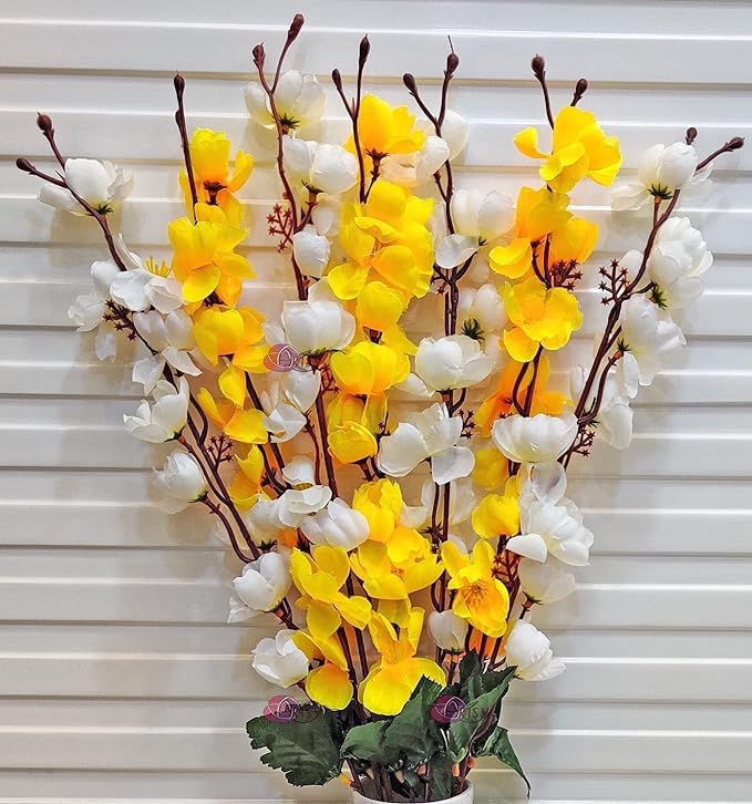 Coolkart Artificial Orchid Flowers for Home Garden Indoor/Outdoor Decoration Set of 2 Bunch/14 Sticks (White & Yellow) Made in India - Image 2