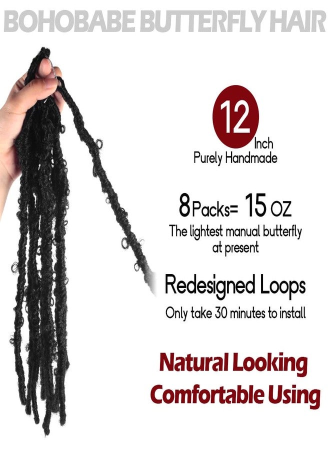 BOHOBABE 8 Packs Light Weight Butterfly Locs Crochet Hair 12 Inch Butterfly Faux Locs Crochet Hair Short Black Distressed Butterfly Locs, 1# - Image 2