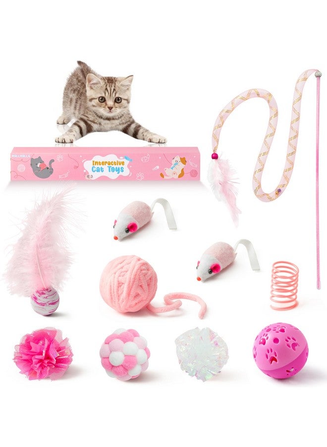 مول مول 6 مجموعة ألعاب القطط التفاعلية المكونة من 10 قطع تتضمن عصا الريش ونوابض القطط وكرات الفئران المجعدة وكرات الجرس للحيوانات الأليفة، ألعاب الألغاز للقطط التي تعيش في المنزل كهدية (وردي) - Image 1