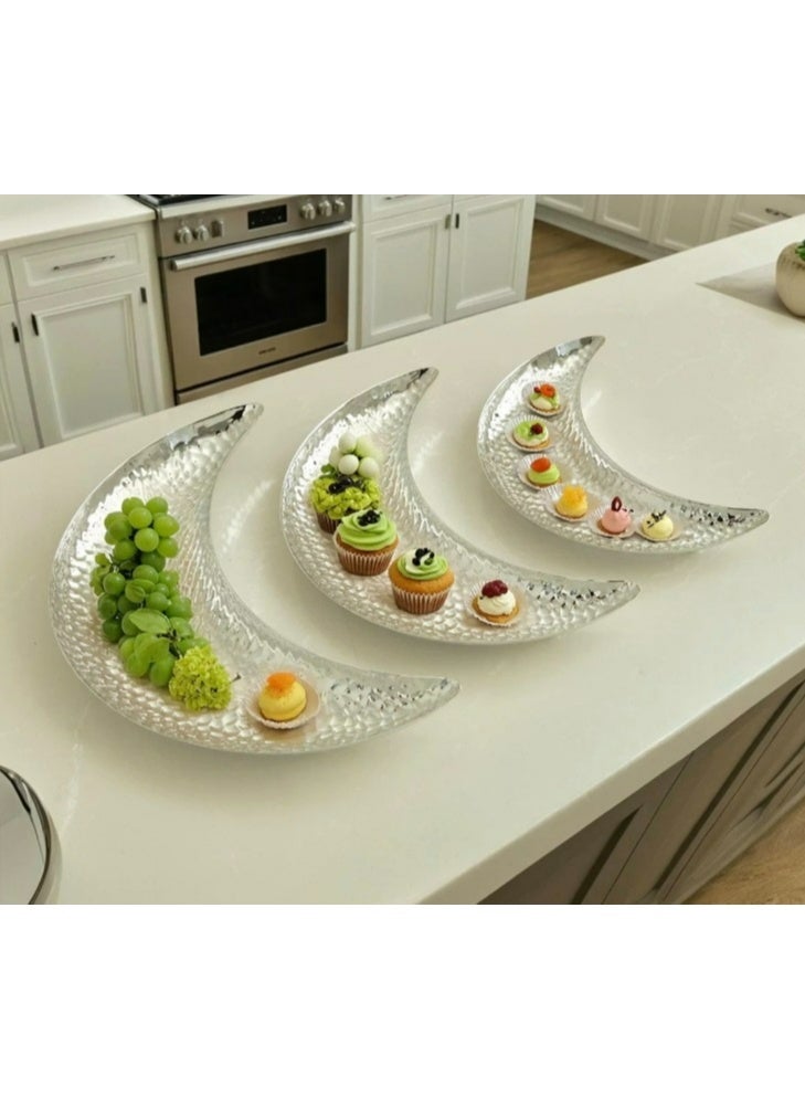 Ramadan Moon Shaped Serving Tray (silver), set of 3,  Luxury Snack Plate Dessert Date & Dish, Elegant  Arabic Home Decor , Eid Gift, Arabic Home Decor - Image 1