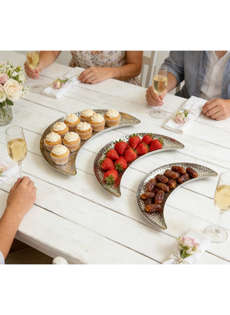 صينية تقديم رمضان على شكل هلال (فضية)، مجموعة من 3 قطع، طبق فاخر للوجبات الخفيفة والحلوى والتمر، ديكور منزلي عربي أنيق، هدية عيد، ديكور منزلي عربي - Image 1