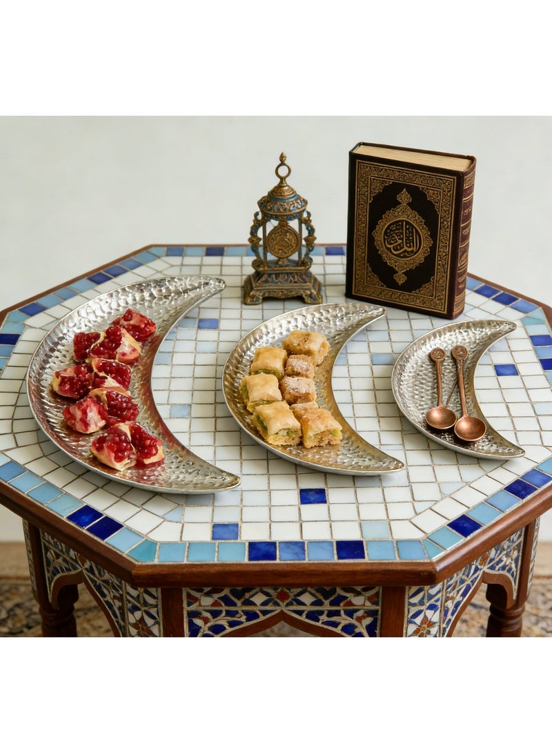 صينية تقديم رمضان على شكل هلال (فضية)، مجموعة من 3 قطع، طبق فاخر للوجبات الخفيفة والحلوى والتمر، ديكور منزلي عربي أنيق، هدية عيد، ديكور منزلي عربي - Image 4
