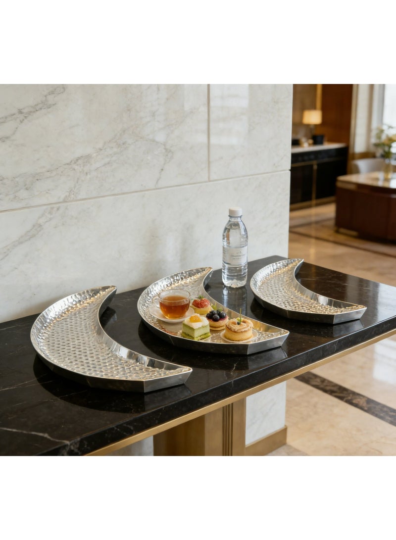 صينية تقديم رمضان على شكل هلال (فضية)، مجموعة من 3 قطع، طبق فاخر للوجبات الخفيفة والحلوى والتمر، ديكور منزلي عربي أنيق، هدية عيد، ديكور منزلي عربي - Image 2