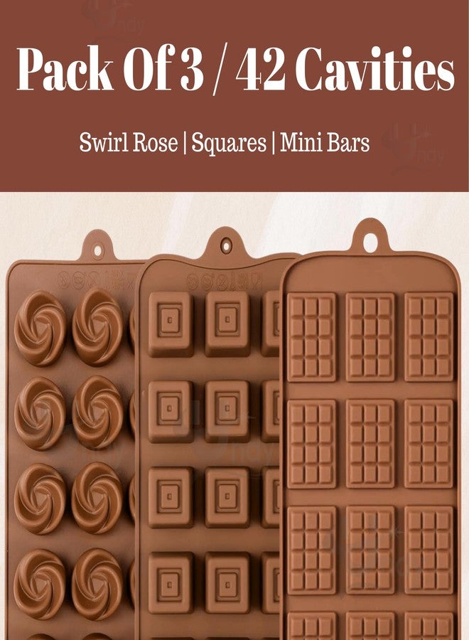 Undy Chocolate Mould Silicone Swirl Rose Square Mini Bars Shape Chocolate Mould for Chocolate Making Multipurpose Jelly Ice Cubes Cake Decoration Tools, 3 PCS, Brown - Image 2