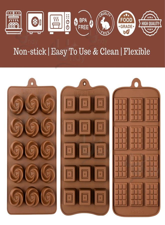 Undy Chocolate Mould Silicone Swirl Rose Square Mini Bars Shape Chocolate Mould for Chocolate Making Multipurpose Jelly Ice Cubes Cake Decoration Tools, 3 PCS, Brown - Image 3