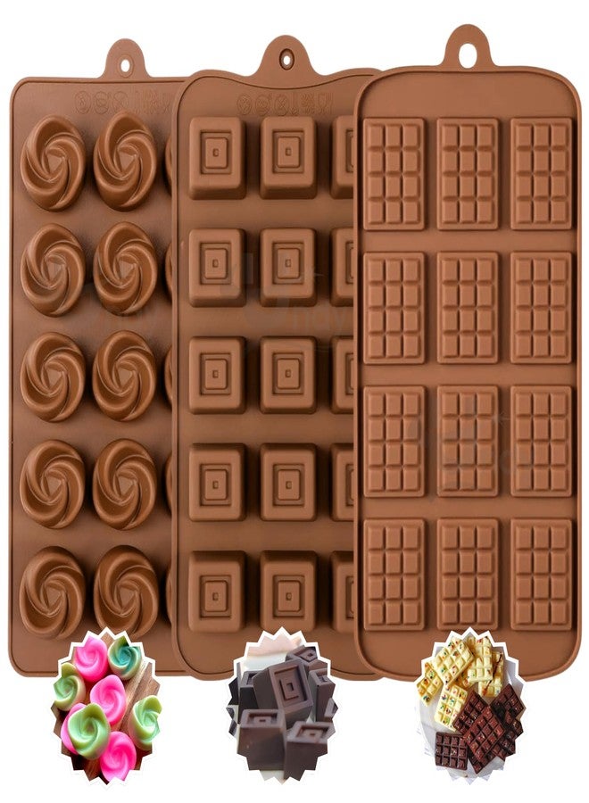 Undy Chocolate Mould Silicone Swirl Rose Square Mini Bars Shape Chocolate Mould for Chocolate Making Multipurpose Jelly Ice Cubes Cake Decoration Tools, 3 PCS, Brown - Image 1