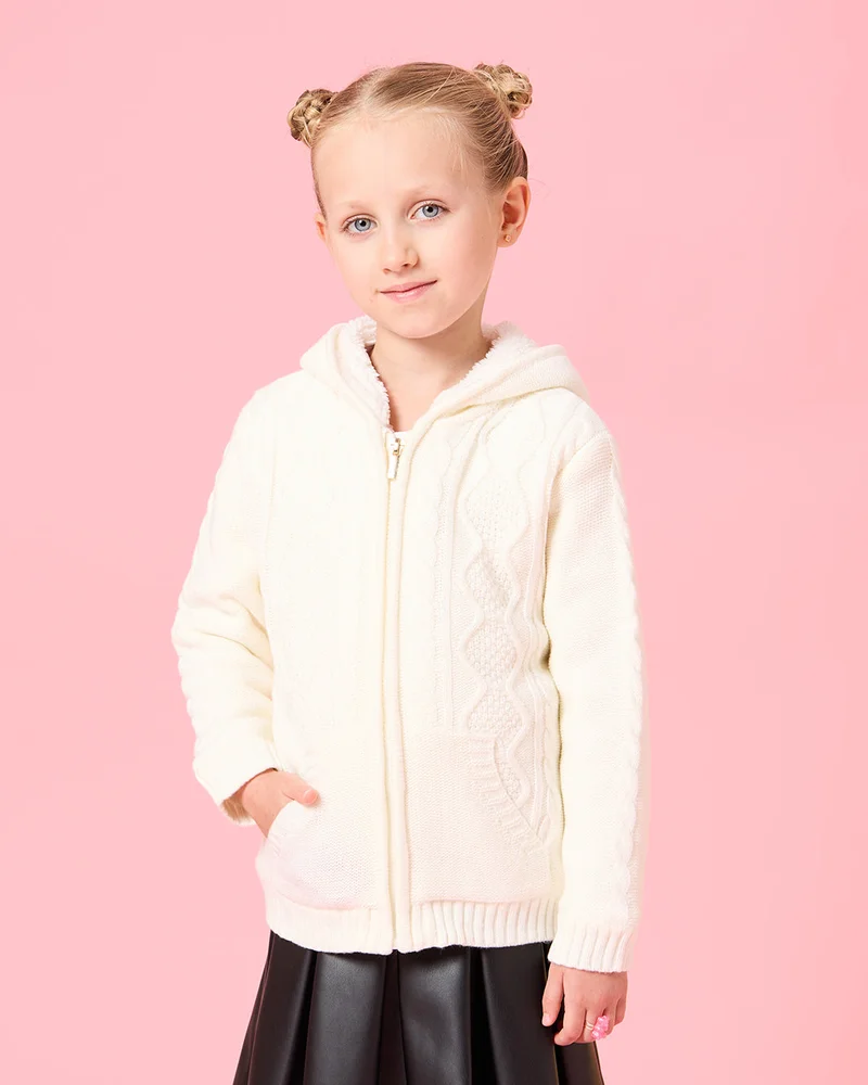 Redtag Girls White Zip Thru Cardigan With Sherpa Lining