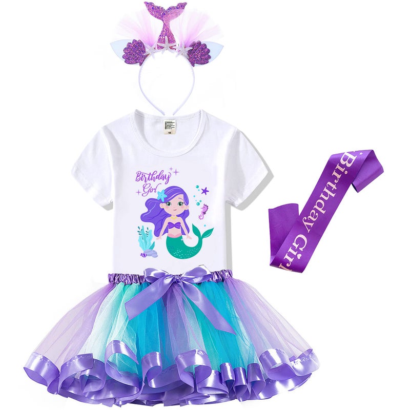 Tutu and Sian Mermaid Outfit Set Shirt Rainbow Tutu Dress Satin Sash Headband Birthday Gifts for Girls Costume Rainbow Mermaid 3 910 Years