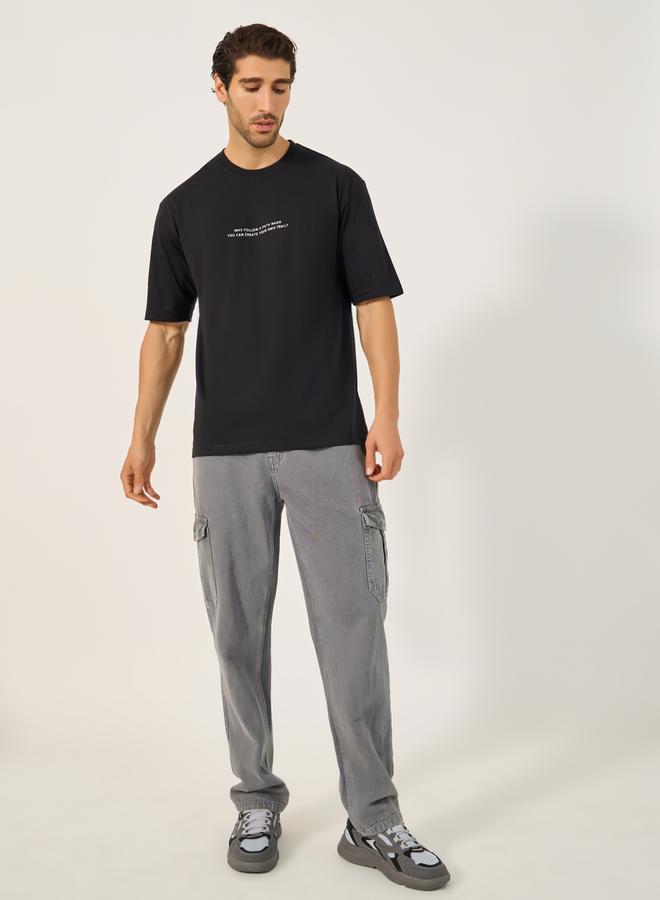 Styli Oversized Minimal Print Crew Neck T-Shirt - Image 2