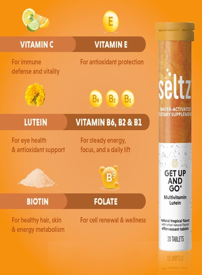 Seltz® Get Up and Go – فيتامينات متعددة فوارة مع اللوتين للطاقة اليومية وصحة العين ودعم مضادات الأكسدة – بنكهة استوائية، 20 قرصًا (عبوة واحدة) - Image 2