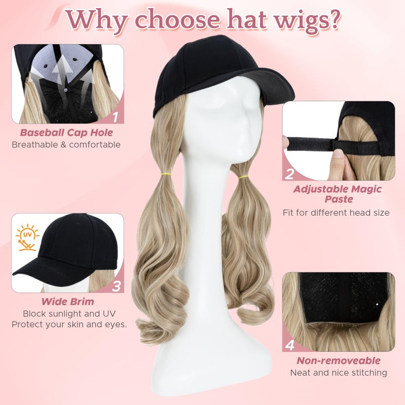 SEGO Hat Wig, Hat with Hair Attached for Women Black Baseball Cap with Hair Extensions, Long Wavy Baseball Cap Wig Adjustable Hats for Daily Party 16 Inch #16P613 Ash Blonde Mix Bleach Blonde - Image 4