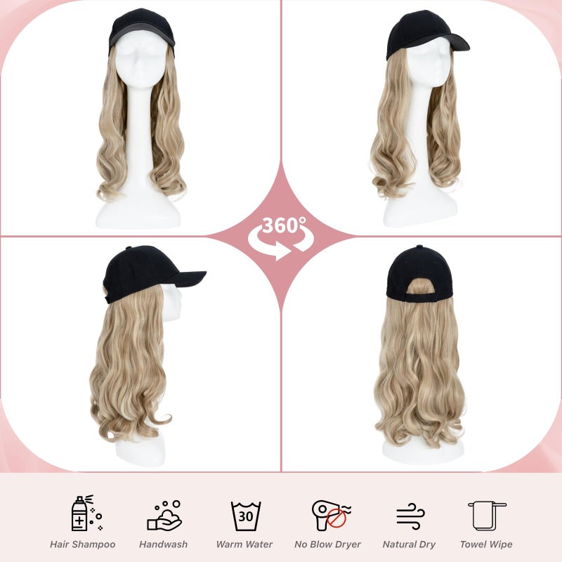 SEGO Hat Wig, Hat with Hair Attached for Women Black Baseball Cap with Hair Extensions, Long Wavy Baseball Cap Wig Adjustable Hats for Daily Party 16 Inch #16P613 Ash Blonde Mix Bleach Blonde - Image 5