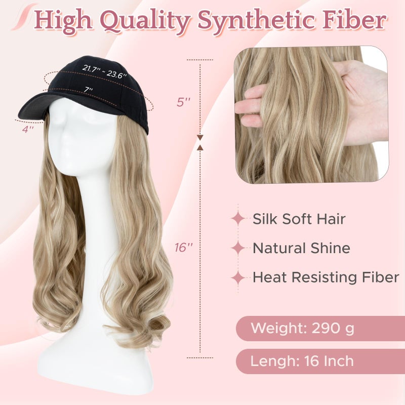 SEGO Hat Wig, Hat with Hair Attached for Women Black Baseball Cap with Hair Extensions, Long Wavy Baseball Cap Wig Adjustable Hats for Daily Party 16 Inch #16P613 Ash Blonde Mix Bleach Blonde - Image 3