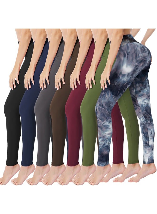 VALANDY High Waisted Leggings for Women Buttery Soft Stretchy Tummy Control Workout Yoga Running Pants One&Plus Size, 7 Pack Black/Navy/Dark Gray/Brown/Burgundy/Olive/Grey Tie-dye, Small-Medium - Image 1