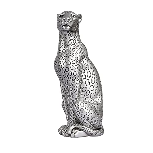 POLYDUKE Silver Cheetah 11" H Statue, Cheetah Figurine Sitting Home Decor Realistic Antique Classical Leopard Resin Animal Ornament Statues Living Room Decor Ornament Figurine - Image 1