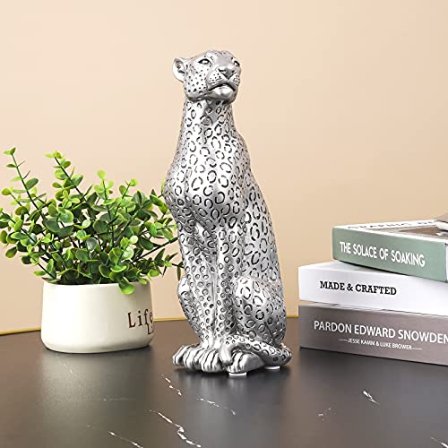 POLYDUKE Silver Cheetah 11" H Statue, Cheetah Figurine Sitting Home Decor Realistic Antique Classical Leopard Resin Animal Ornament Statues Living Room Decor Ornament Figurine - Image 5