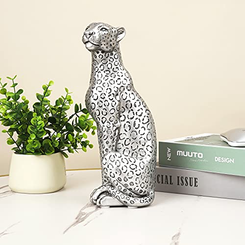 POLYDUKE Silver Cheetah 11" H Statue, Cheetah Figurine Sitting Home Decor Realistic Antique Classical Leopard Resin Animal Ornament Statues Living Room Decor Ornament Figurine - Image 4