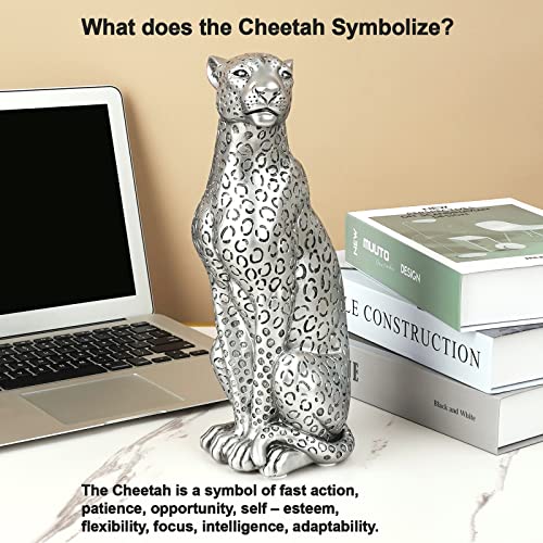 POLYDUKE Silver Cheetah 11" H Statue, Cheetah Figurine Sitting Home Decor Realistic Antique Classical Leopard Resin Animal Ornament Statues Living Room Decor Ornament Figurine - Image 3