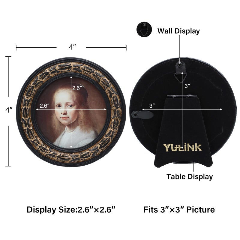 YULINK إطار صور دائري صغير عتيق من يولينك 3x3  إطار صور دائري مزخرف باللونين الأسود والذهبي  للعرض على الطاولة والجدران  ديكور منزلي ريترو  معرض صور قديم - Image 4
