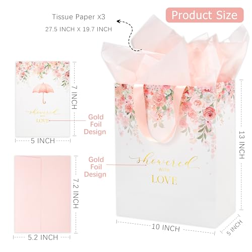 Crisky 13 Large Pink Floral Gift Bag Showered with Love with Cards Tissue Paper for Wedding Bridal Shower Engagement Party Favor - Image 3