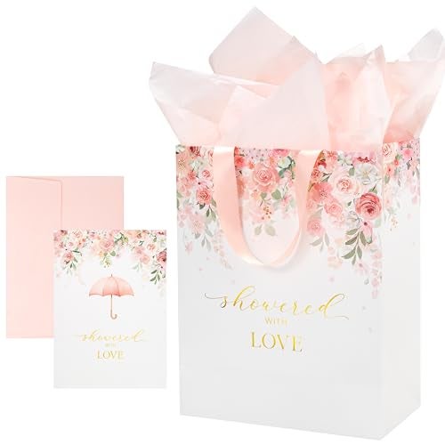 Crisky 13 Large Pink Floral Gift Bag Showered with Love with Cards Tissue Paper for Wedding Bridal Shower Engagement Party Favor - Image 1