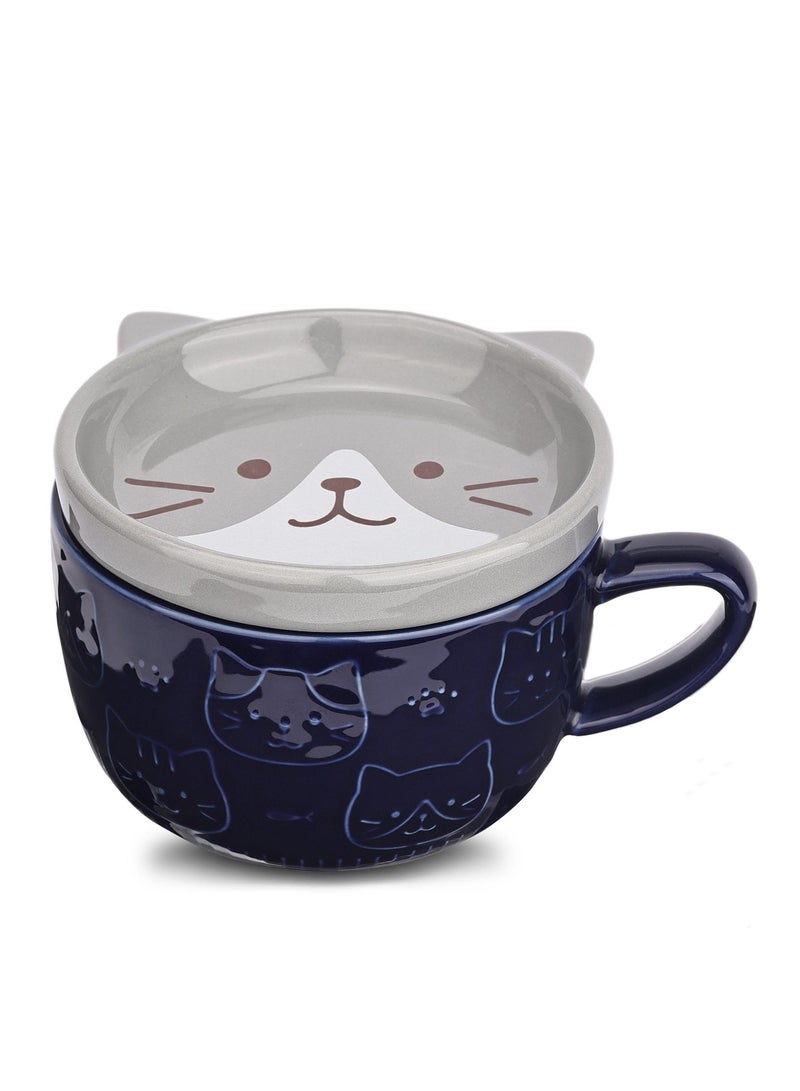 XiuWoo Cute Ceramic Cat Coffee Mug with Lid,Kawaii Mugs or Tea Cups for Lovers,Funny Novelty Breakfast Women Wife Mum Girls Boys Friends Kids Birthday Gift,300ML（Blue） - Image 1