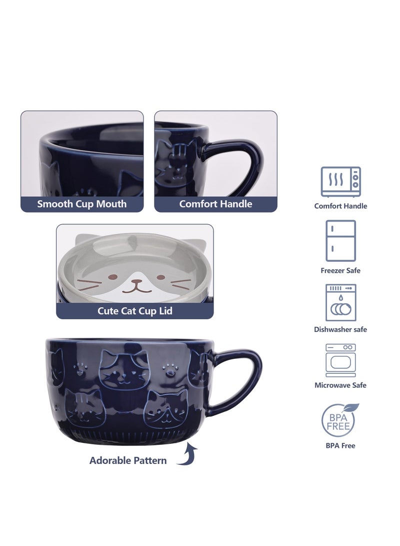 XiuWoo Cute Ceramic Cat Coffee Mug with Lid,Kawaii Mugs or Tea Cups for Lovers,Funny Novelty Breakfast Women Wife Mum Girls Boys Friends Kids Birthday Gift,300ML（Blue） - Image 4