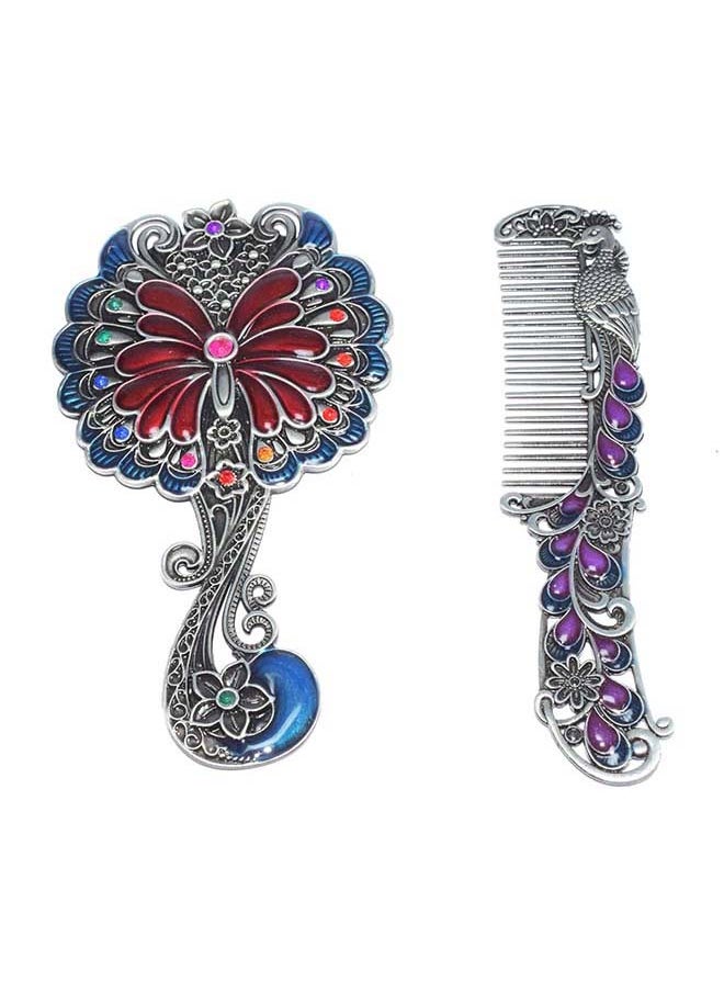immatgar immatgar pharaonic Peafowl makeup pocket mirror with comb ancient Egyptian souvenirs gifts for women and mother from Egypt (Flower1 - Silver - 13.5 CM Tall) 