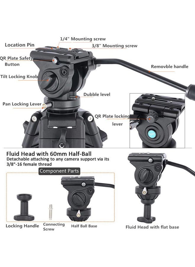 YUSEN 62"/158CM Video Tripod Professional Heavy Duty Aluminum Twin Tube Video Tripod 360 Degree Fluid Head Mid-Level Spreader for DSLR Camcorder Camera Load Up to 17.6lb/8kg - Image 4