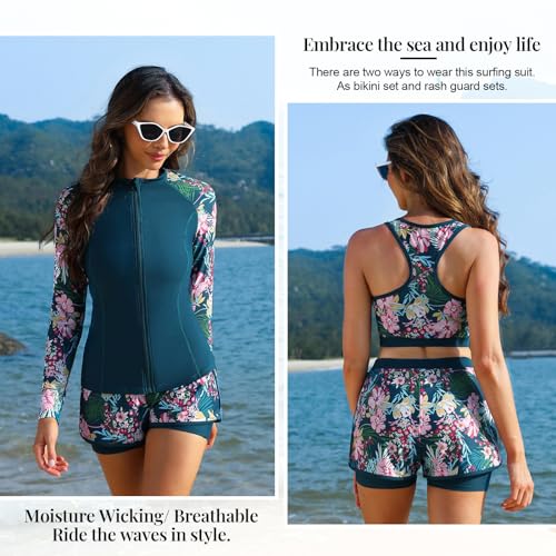 JASAMBAC Women's Rash Guard Shirts 3 Piece Long Sleeve Zip Up Swimsuits for Women Athletic Rash Guard Zipper Printed Surfing Swimsuit Bathing Suit Pink Flower M - Image 4