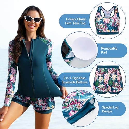 JASAMBAC Women's Rash Guard Shirts 3 Piece Long Sleeve Zip Up Swimsuits for Women Athletic Rash Guard Zipper Printed Surfing Swimsuit Bathing Suit Pink Flower M - Image 3