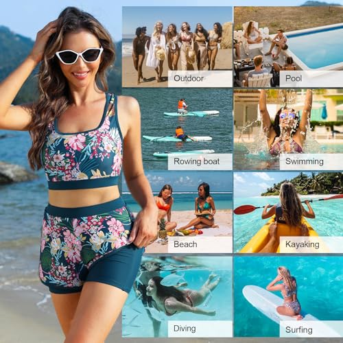 JASAMBAC Women's Rash Guard Shirts 3 Piece Long Sleeve Zip Up Swimsuits for Women Athletic Rash Guard Zipper Printed Surfing Swimsuit Bathing Suit Pink Flower M - Image 5
