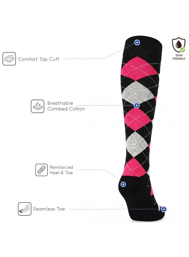 Mysocks Unisex Knee High Long Socks Argyle Black Ash Fuchsia - Image 3