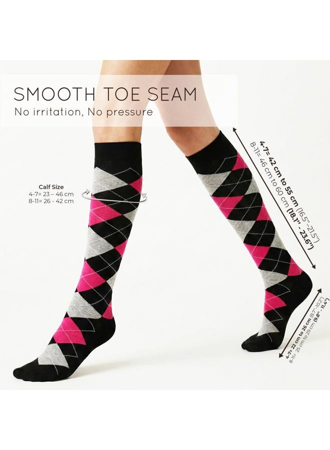 Mysocks Unisex Knee High Long Socks Argyle Black Ash Fuchsia - Image 2