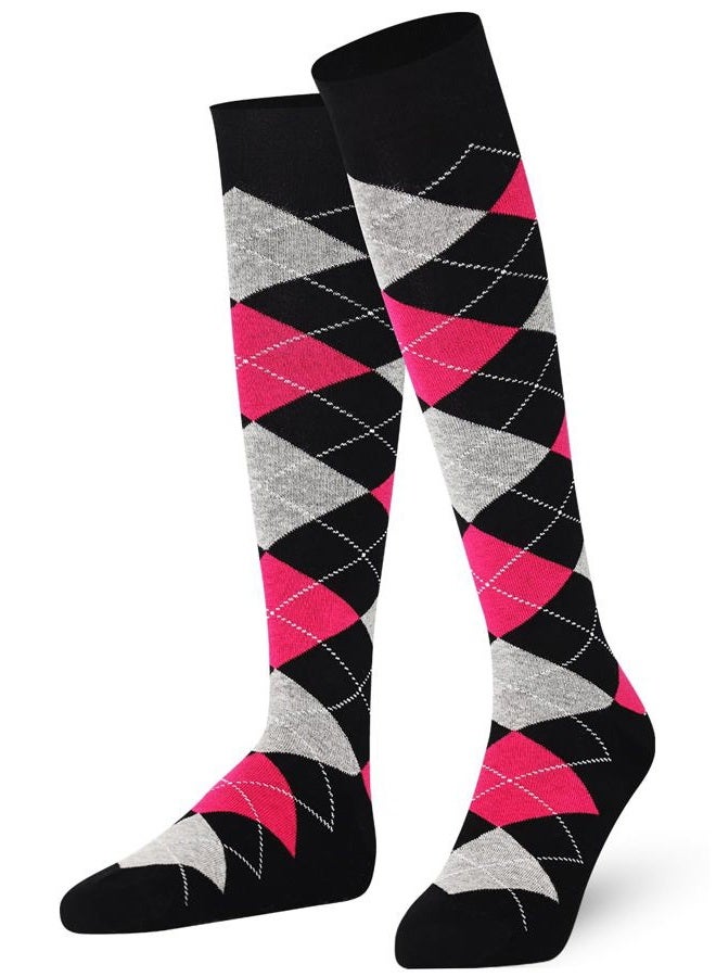 Mysocks Unisex Knee High Long Socks Argyle Black Ash Fuchsia - Image 1