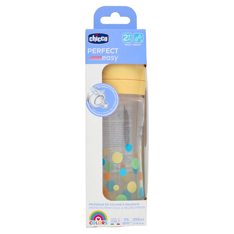 Chicco Perfect Easy Medium Flow Bottle with Soft Silicone Physio Teat and Soft Sense Finish, Anti-Colic, Reduces Belching and Irritability, 250ml Plastic Bottle, 2m+, Child
