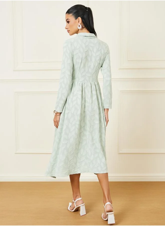 Styli Burnout Texture Button Detail A-Line Midi Dress