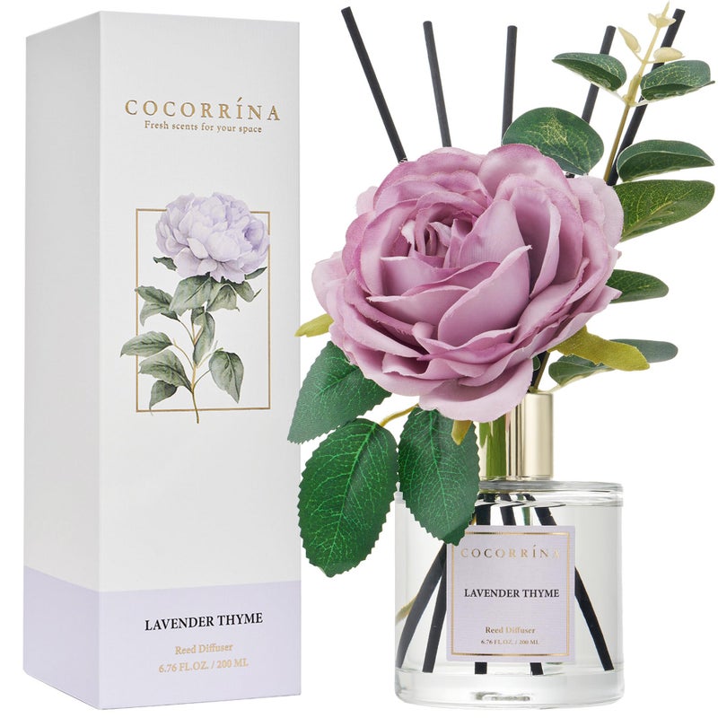 Cocorrna Flower Reed Diffuser Lavender Thyme 67oz Scented Diffuser with Sticks Home Fragrance Essential Oil for Bathroom Shelf Decor Artificial Flower