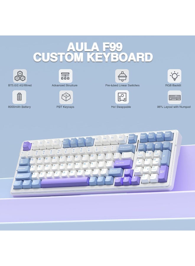 أولا AULA F99 Gaming Mechanical Keyboard – Tri-Mode Wireless, Hot-Swap, RGB (Purple & White) - Image 4