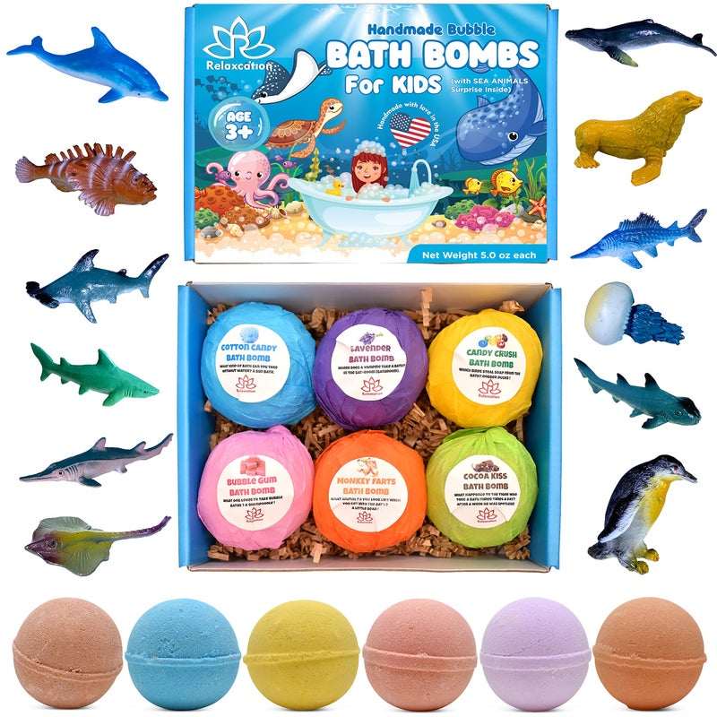 Relaxcation Made in USA Bath Bombs for Kids Surprise Toys Inside SEA Animals 36 Ocean Toys Like Shark or Jellyfish Natural Safe Bath Bombs Gift Set for Girls Boys Multicolored Organic Bubble Bath