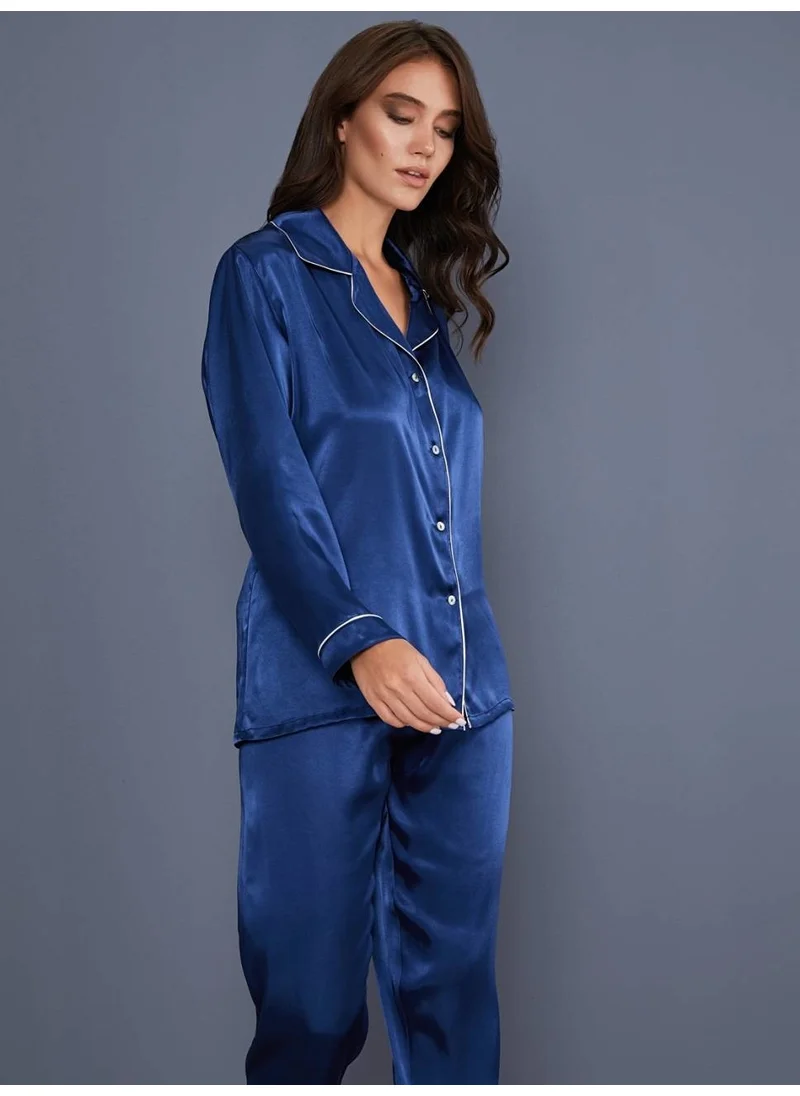 Ayyıldız 3926 Navy Blue Satin Pajama Set