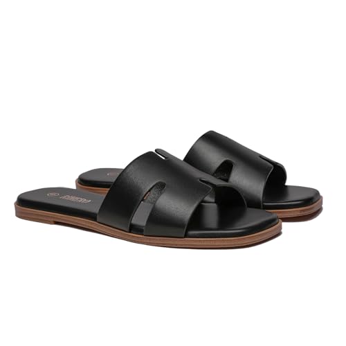 Rihero Black Flat Sandals for Women Dressy Summer Slip On Peep Toe Slide Black Sandals Size 7 - Image 4
