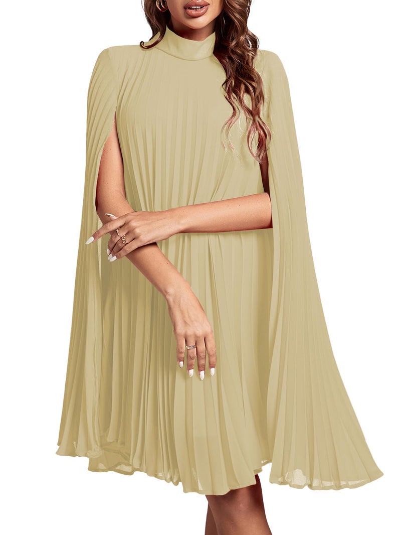 Rooscier Women's Pleated Mock Neck Cloak Sleeve Flowy Keyhole Back Party Midi Dress Beige XX-Large - Image 1