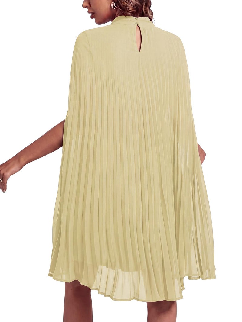 Rooscier Women's Pleated Mock Neck Cloak Sleeve Flowy Keyhole Back Party Midi Dress Beige XX-Large - Image 2
