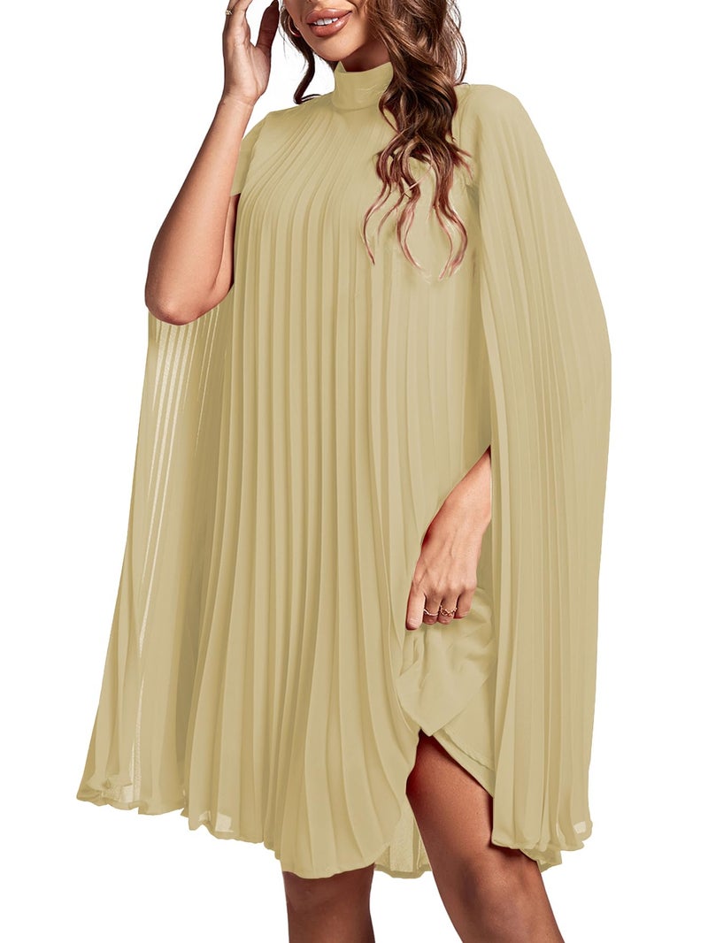 Rooscier Women's Pleated Mock Neck Cloak Sleeve Flowy Keyhole Back Party Midi Dress Beige XX-Large - Image 4