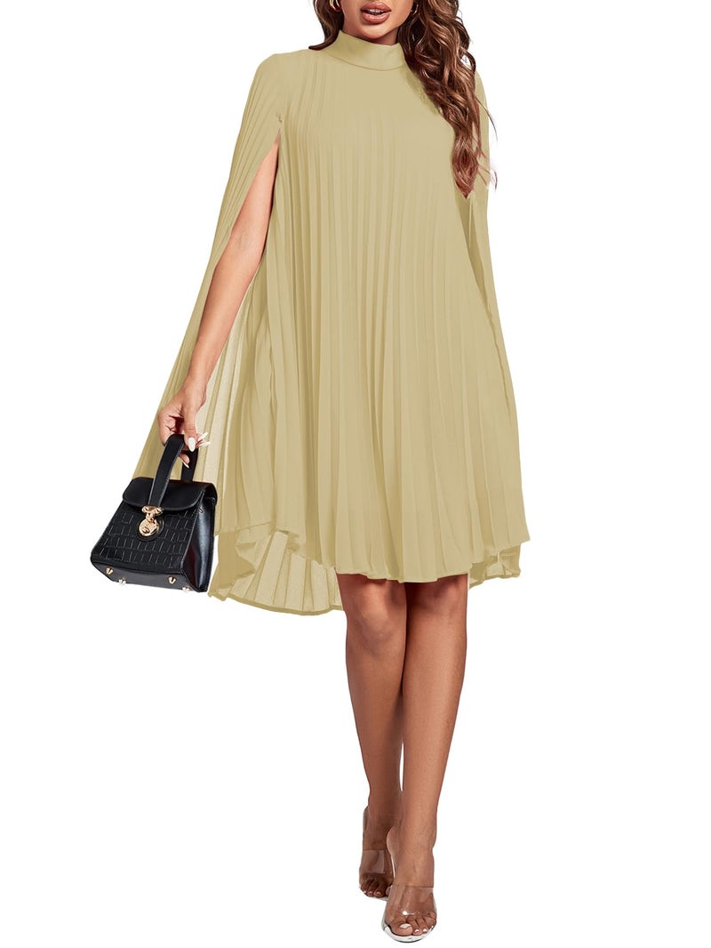 Rooscier Women's Pleated Mock Neck Cloak Sleeve Flowy Keyhole Back Party Midi Dress Beige XX-Large - Image 5